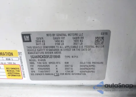 2015 Buick Enclave Premium from USA, damaged, VIN 5GAKRCKD3FJ319848